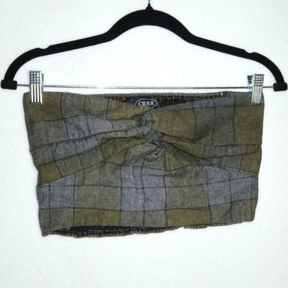 Cinder crop plaid twist tube top green denim medium